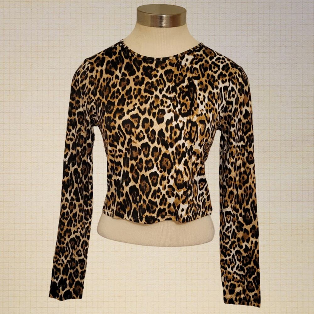 WAYF Leopard Print Stretch Crop Top Long Sleeve Small